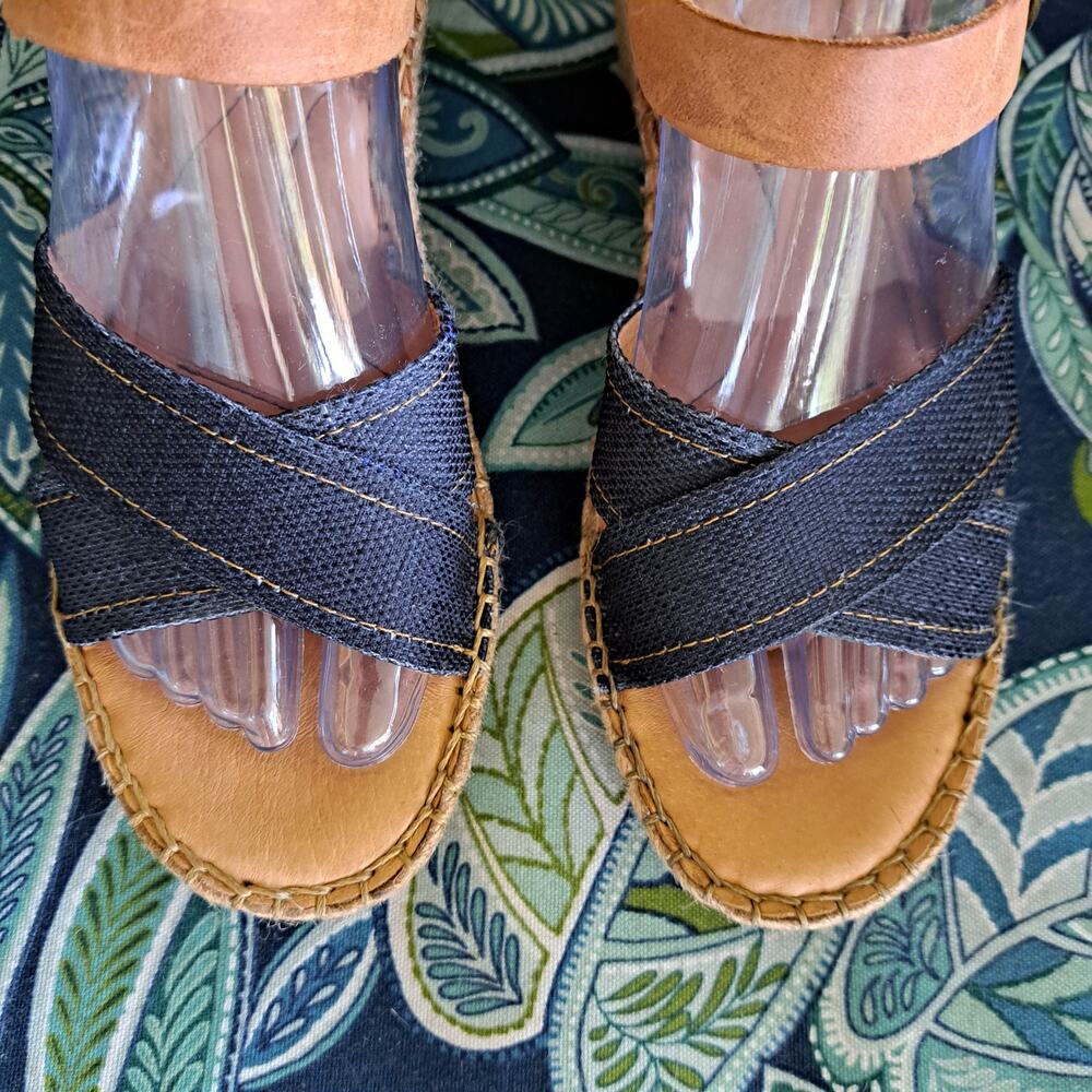 Born Tan Leather and denim blue Espadrille Wedge Sandals - Picture 6 of 10